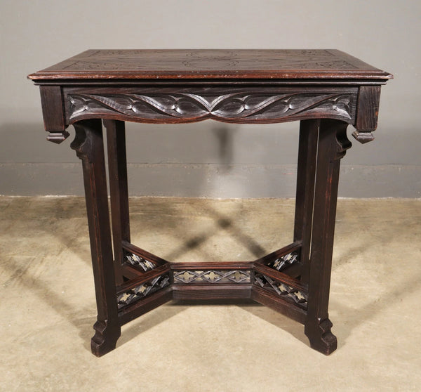 Antique French Gothic Revival Table in Solid Chestnut Wood With Carvings