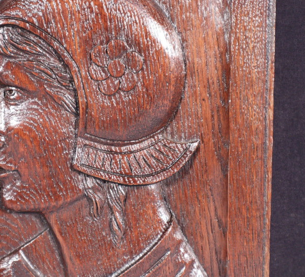 12" Tall Antique French Solid Oak Wood Hand Carved Portrait Profile of a Woman