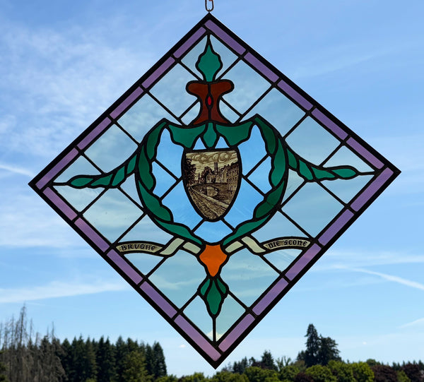 31" Tall Vintage Belgian/Flanders Stained/Leaded Glass Panel of Bruges Belgium