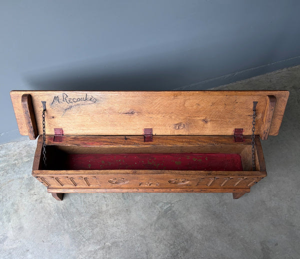 Antique French Gothic Revival Solid Oak Wood Storage Bench/Settee/Chair Rustic
