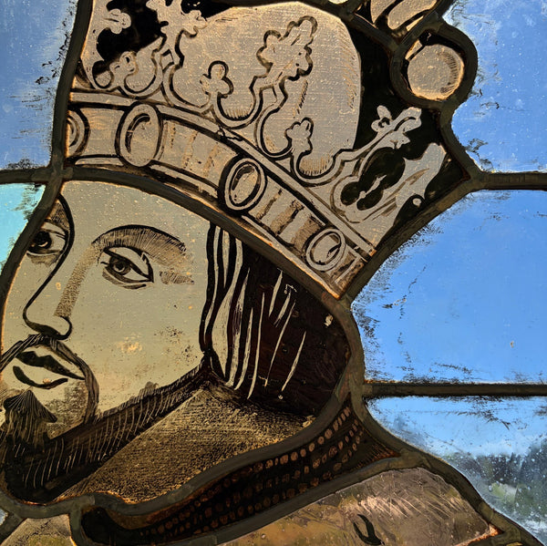 15" Tall Vintage French Stained/Leaded Glass Panel Of Charles the Great