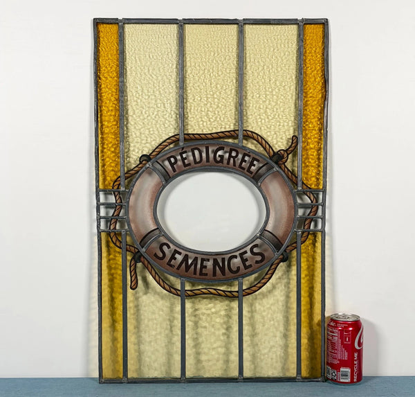 25" Tall Vintage Belgian/Flanders Stained/Leaded Glass Panel "Pedigree Semences"