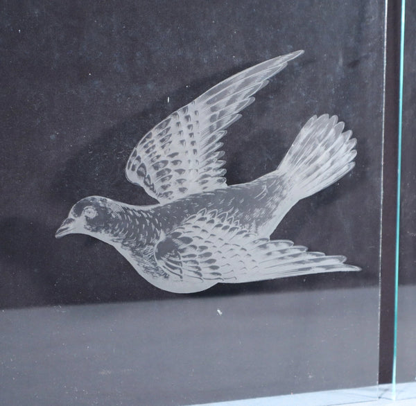 18" Tall Pair of Antique French Etched Glass Windows Frosted Glass with Birds