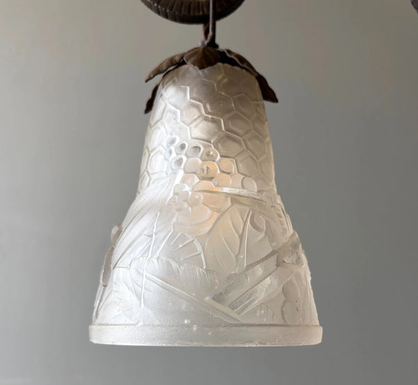 33" Tall Antique French Iron Art Deco Chandelier with Frosted Glass and Roses