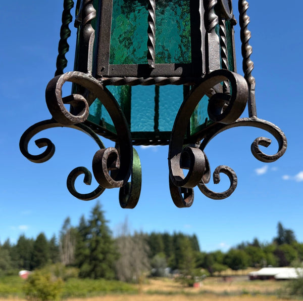 20" Tall Vintage French Iron and Stained Glass Hanging Chandelier/Pendant Lamp