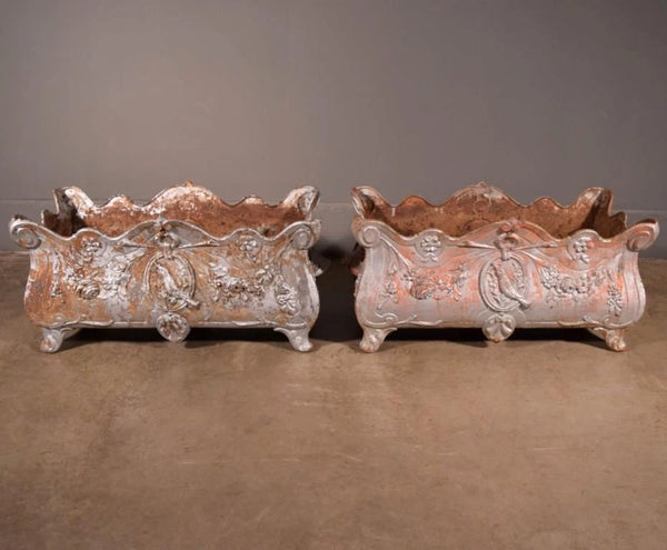 XL Pair of French Antique Cast Iron Louis XV Style Planters/Flower Pots Garden