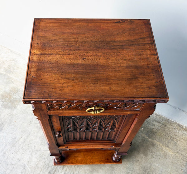 Antique French Gothic Solid Walnut Night Stand/Cabinet With Detailed Carvings