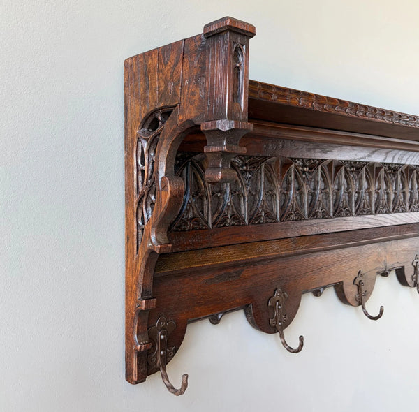 52" Antique Gothic French Solid Oak Coat Rack Hall Tree Wood Shelf w/Iron Hooks