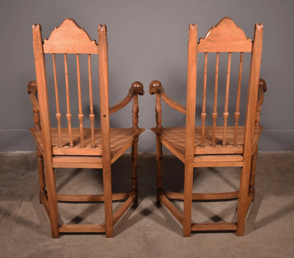 Pair of Antique Renaissance Revival Arm Chairs Solid Walnut Hand Carved Jesters