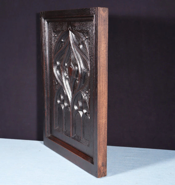 French Antique Gothic Revival Panel in Solid Chestnut Wood Salvage Late 1800's