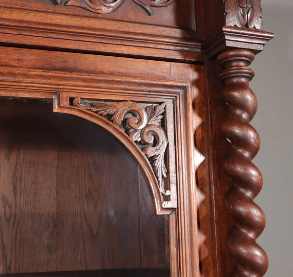 88" Tall French Antique Solid Oak Wood Bookcase/Display Case/Cabinet Carved