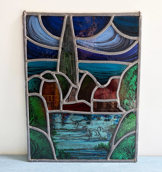 14" Tall Vintage Belgian/Flanders Stained/Leaded Glass Panel of Bruges Belgium