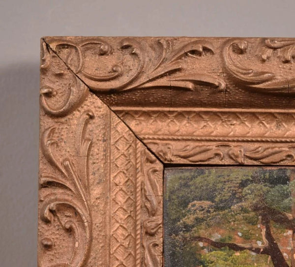 9" Tall Antique Framed Oil on Panel Painting of a Couple Feeding the Geese