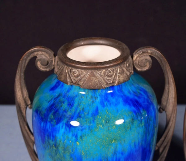 Vintage Art Deco Paul Milet Sèvres Vases/Urns Blue Drip Glaze w/Bronze Ormolu