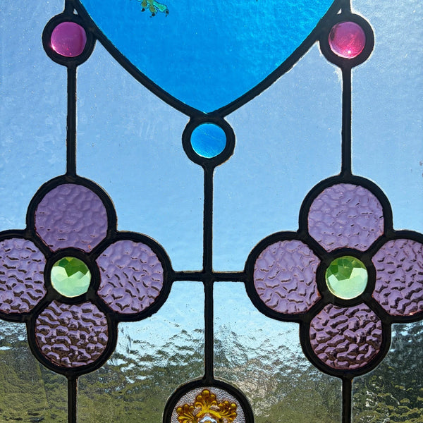 38" Tall Antique French Stained/Leaded Glass Panel w/Griffin and Uranium Glass