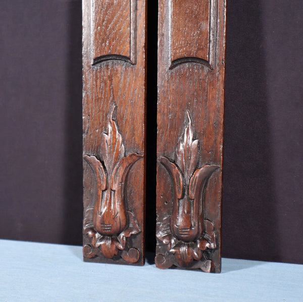 26" Tall Pair of French Antique Solid Oak Wood Highly Carved Wood Trim Posts