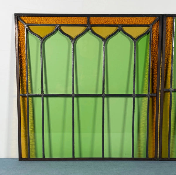 43" Tall Pair of Antique French Stained Glass Window Panels Green & Yellow Glass