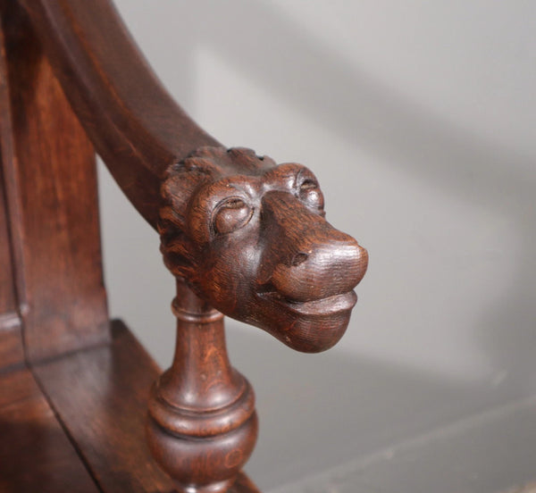 Antique French Renaissance Oak Wood Bench/Settee/Storage Bench with Lions