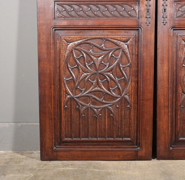 64" Tall Pair of French Antique Neo Gothic Cabinet Doors Solid Oak Wood
