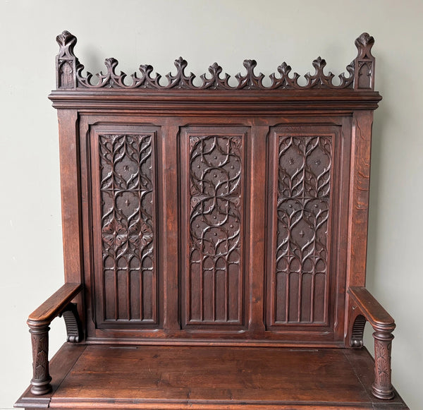 72" Tall Antique French Gothic Revival Oak Wood Bench/Settee/Chair Highly Carved