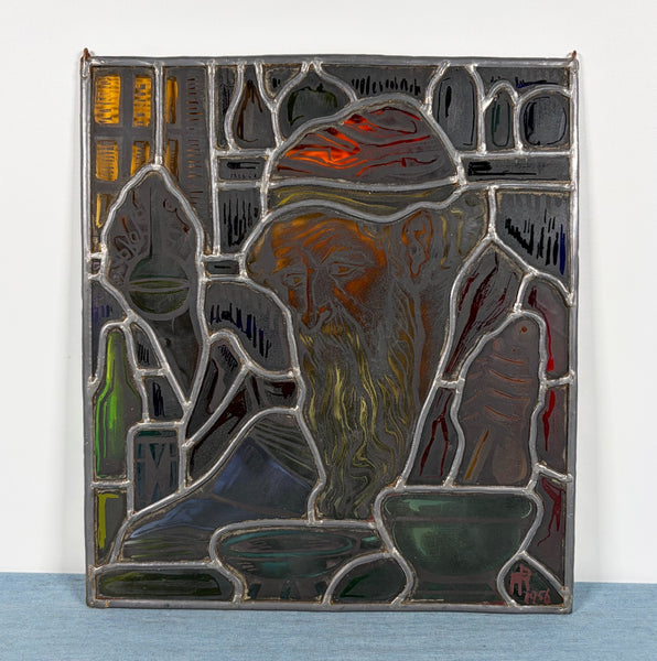 13" Tall Vintage Belgian Stained/Leaded Glass Panel Of an Alchemist by AR 1956