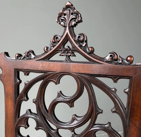 French Antique Gothic Revival Walnut Arm Chair Carved Wood Desk Chair