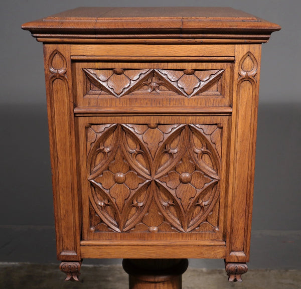 Vintage French Gothic Revival Stand, Cabinet, End Table Highly Carved Oak Wood