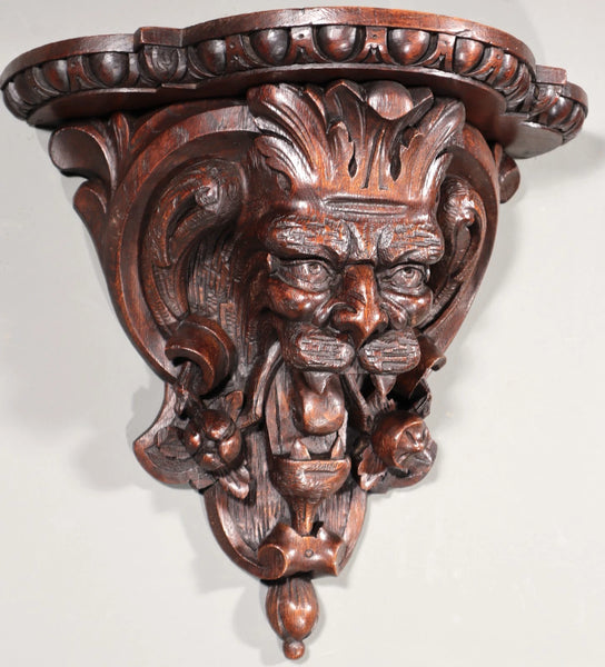Pair of Large French Antique Lion Wall Sconces/Shelves in Solid Oak and Chestnut