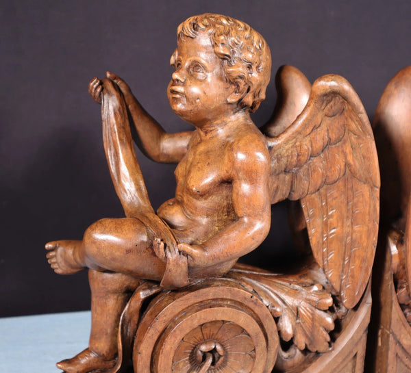 13" Tall Pair of French Antique Solid Walnut Wood Highly Carved Cherubs