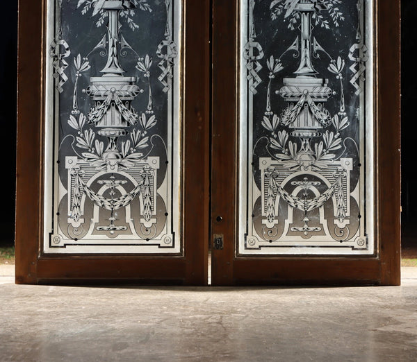 88" Tall Pair of Antique French Etched Glass Windows Frosted Glass with Flowers