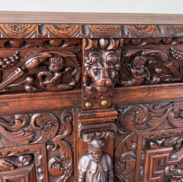 1700's Antique French Renaissance Sideboard in Solid Wood Oak Highly Carved