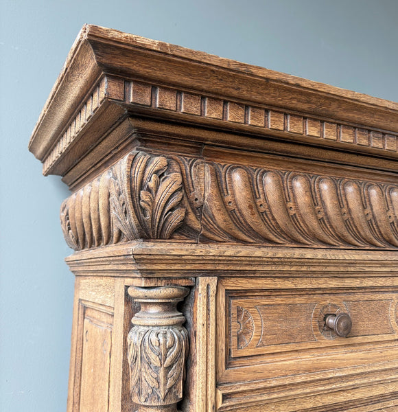 77" Tall Antique French Apothecary Cabinet Solid Oak Carved with Compartments