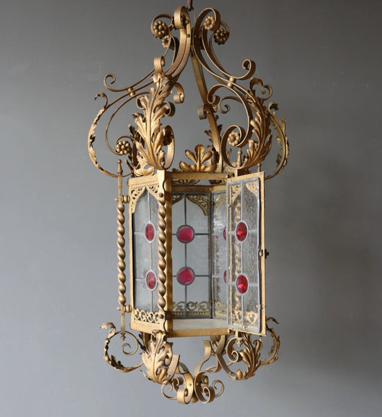 36" Tall XL French Antique Iron and Stained Glass Hanging Chandelier/Lamp