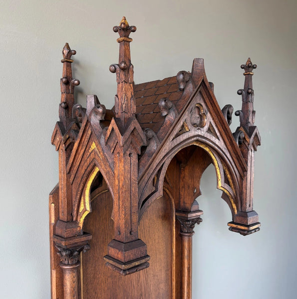 57" Tall French Antique Neo Gothic Solid Oak Highly Carved Wall Niche/Shrine