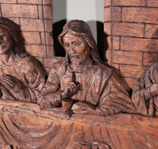 Large Vintage Highly Carved Panel of Jesus and 12 Disciples "The Last Supper"