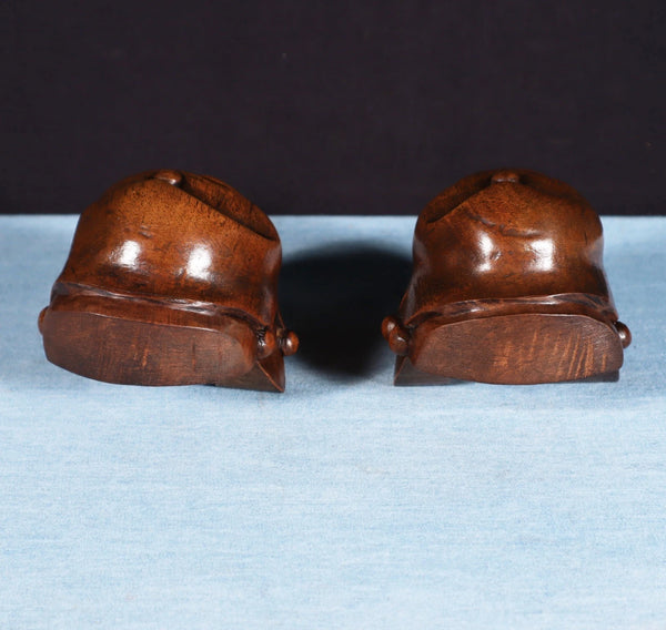 Pair of 3" Tall French Antique Highly Carved Jester Heads in Solid Walnut Wood