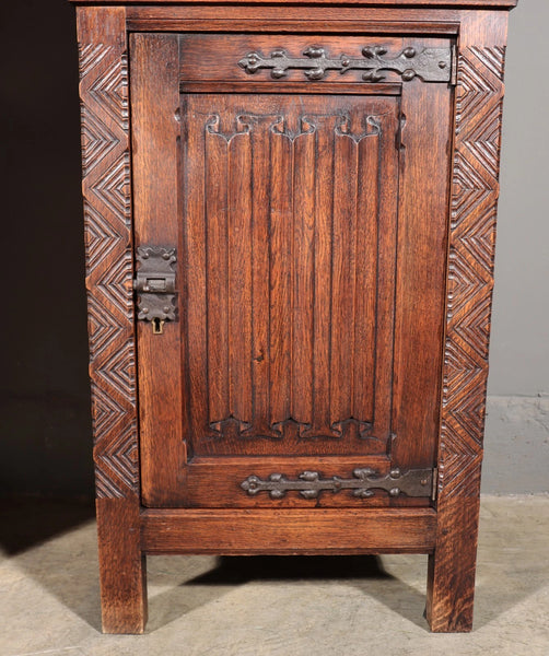 50" Tall Pair of Vintage French Solid Oak Wood Highly Carved Gothic Cabinets