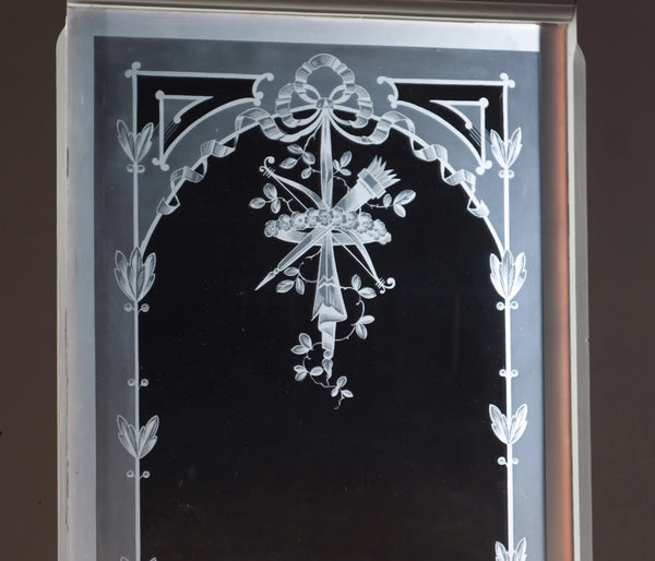 87" Tall Pair of Antique French Etched Glass Windows Frosted Glass with Flowers