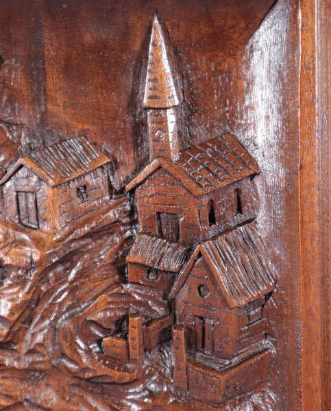 Antique French Solid Walnut Wood Highly Carved Panel w/Woman Harvesting Wheat