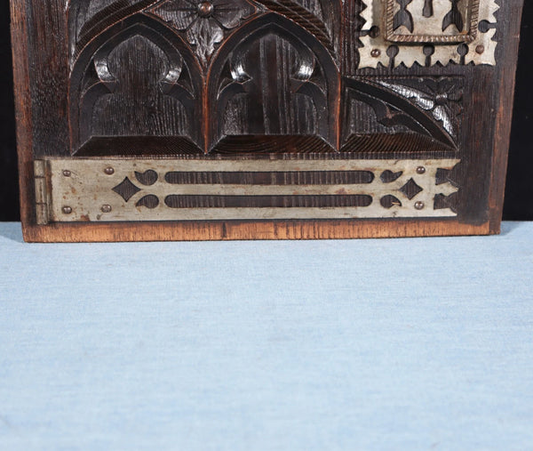 Antique French Solid Chestnut Wood Carved Gothic Door w/Faux Hinges and Latch