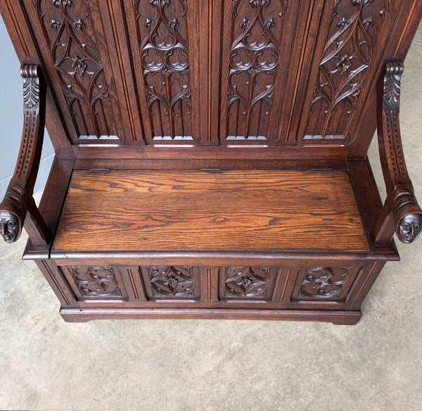 Antique French Gothic Revival Oak Wood Bench/Settee/Chair Highly Carved