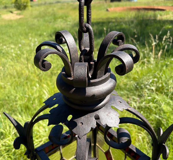 27" French Antique Gothic Iron & Stained Glass Hanging Chandelier/Pendant Lamp