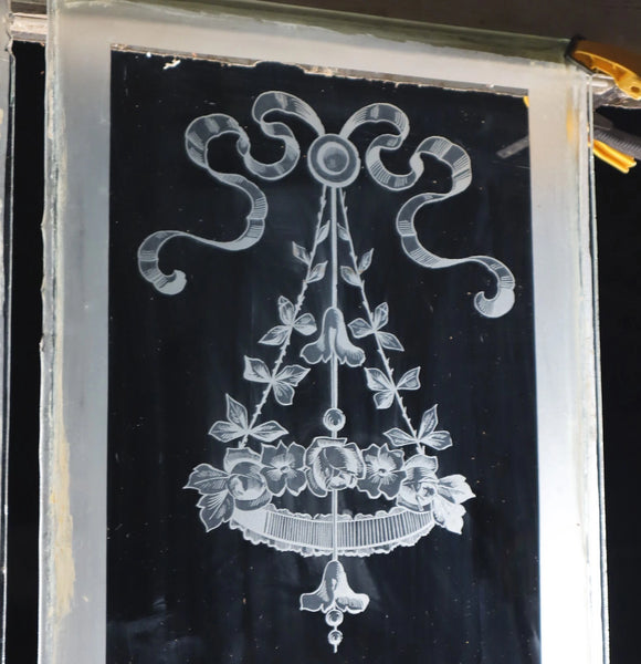 56" Tall Pair of Antique French Etched Glass Windows Frosted Glass with Flowers
