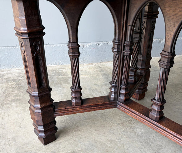 Vintage French Gothic Dining Table in Solid Oak Wood with Highly Detailed Base