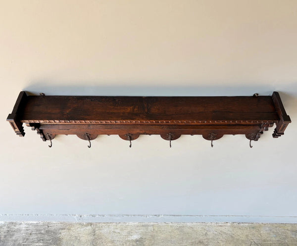52" Antique Gothic French Solid Oak Coat Rack Hall Tree Wood Shelf w/Iron Hooks