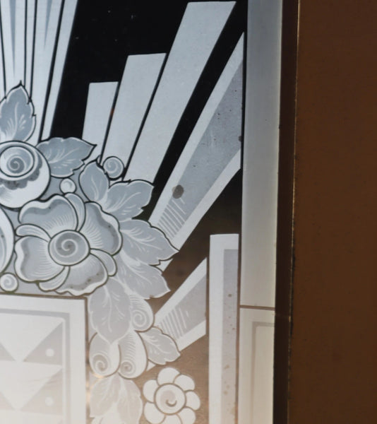 Pair of French Art Deco Etched Glass Doors Frosted Glass with Pine Frames