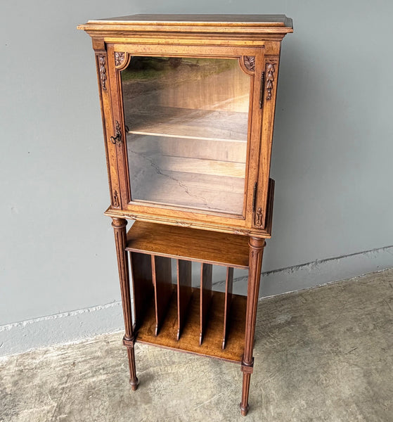 French Antique Narrow Walnut Bookcase/Display Case with Locking Door