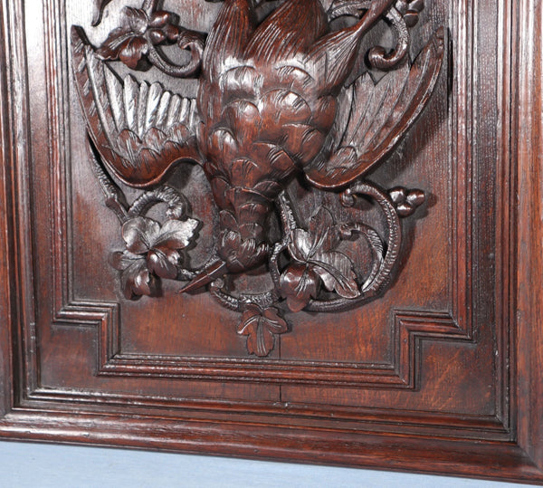 24" Tall French Antique Solid Oak Panel Highly Carved Hunting Theme with Bird