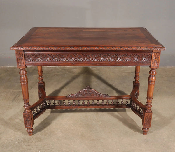 Antique French Breton Desk/Library Table in Solid Chestnut Wood with Carvings