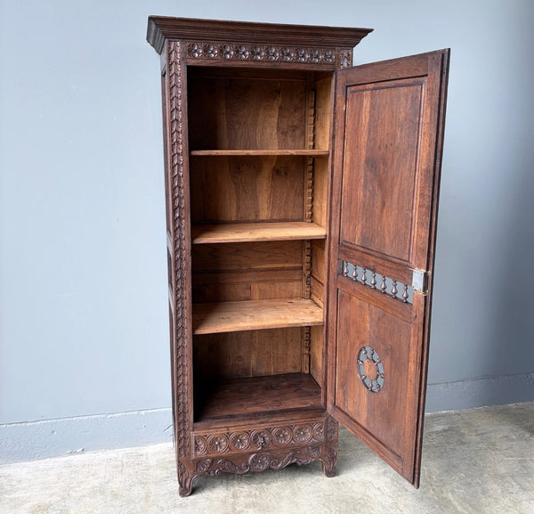 71" Tall French Antique Breton Cabinet in Solid Chestnut Wood w/Carved Figures